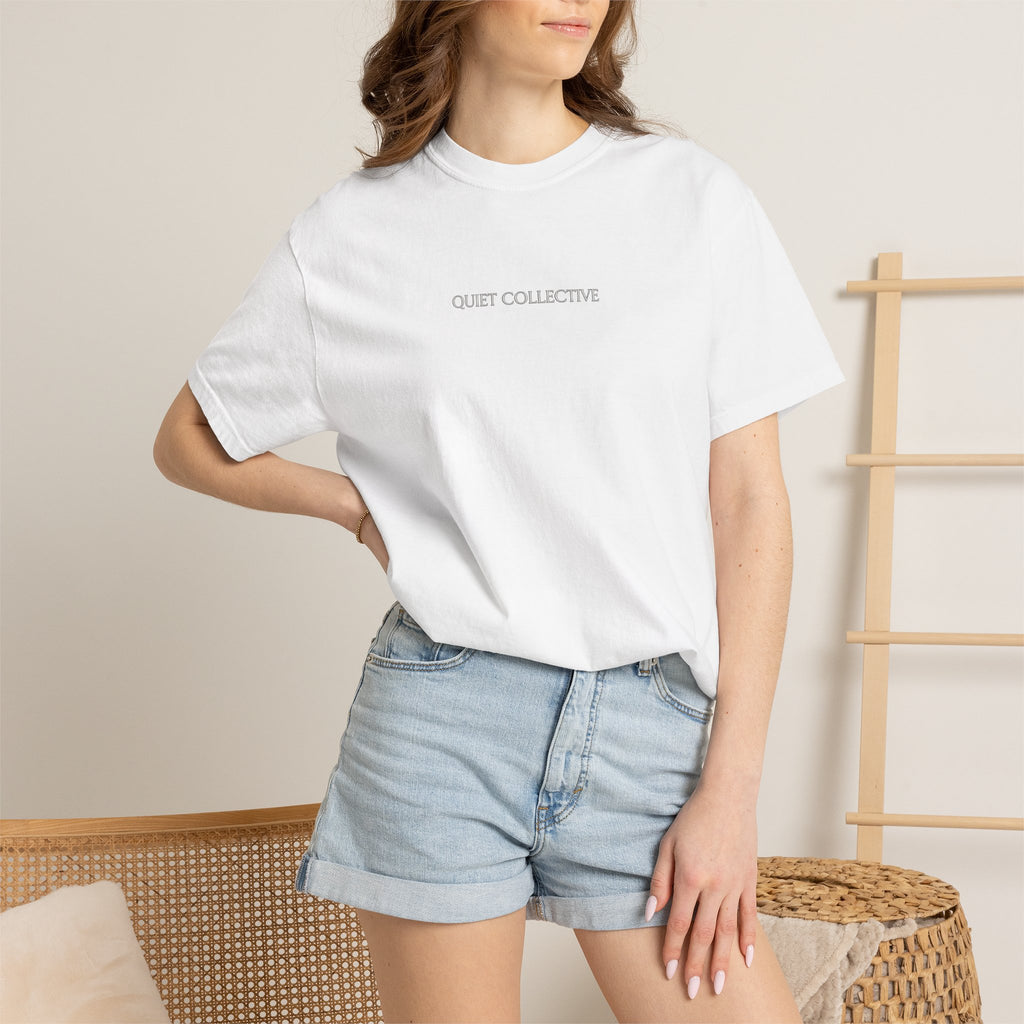 Quiet Collective minimalist logo T-Shirt | small chest text, white