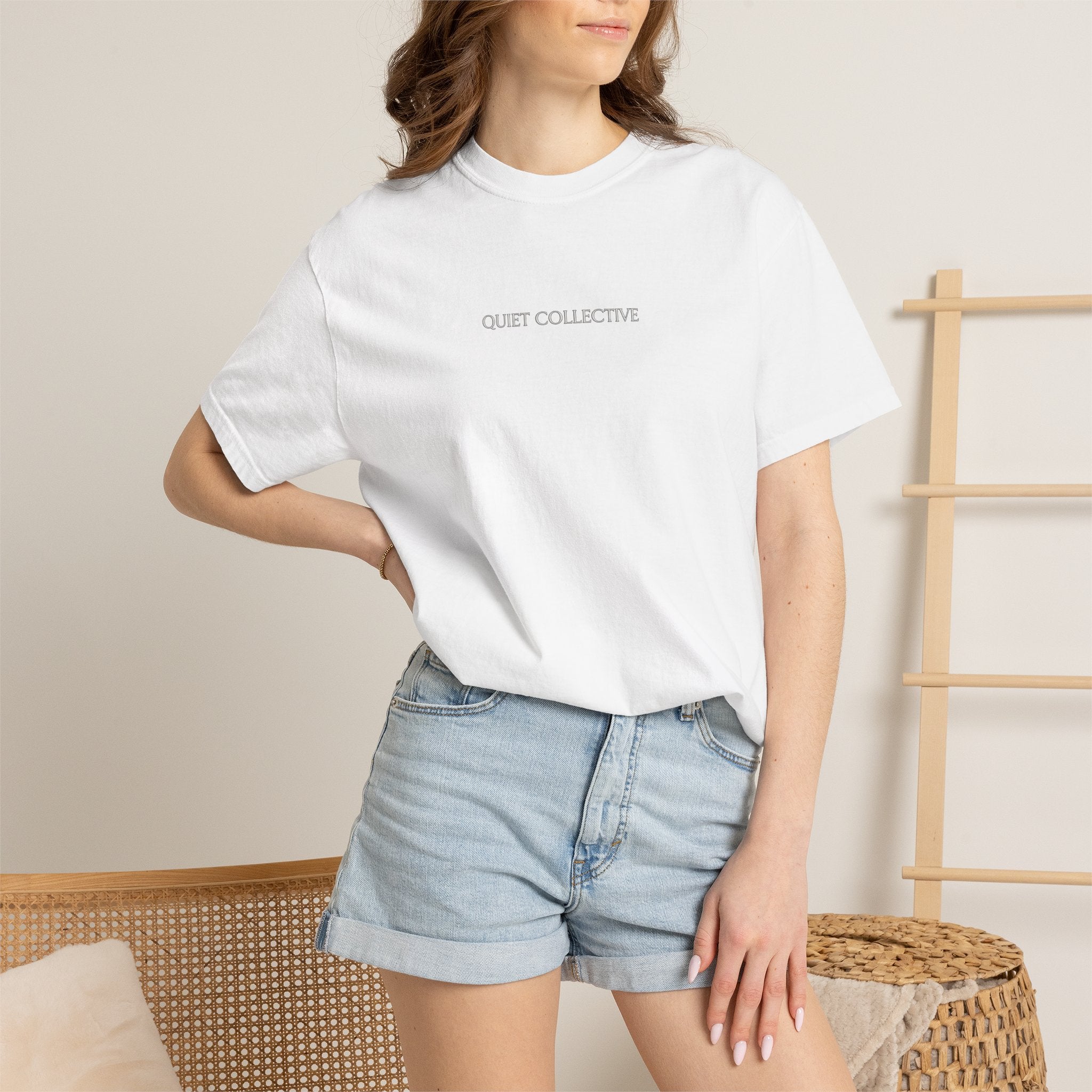 Quiet Collective minimalist logo T-Shirt | small chest text, white