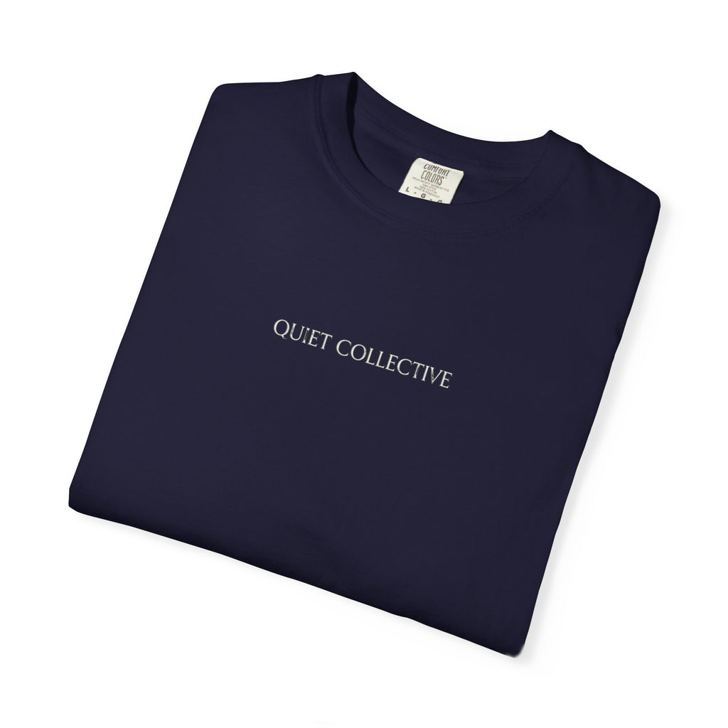 Quiet Collective minimalist logo T-Shirt | small chest text, white
