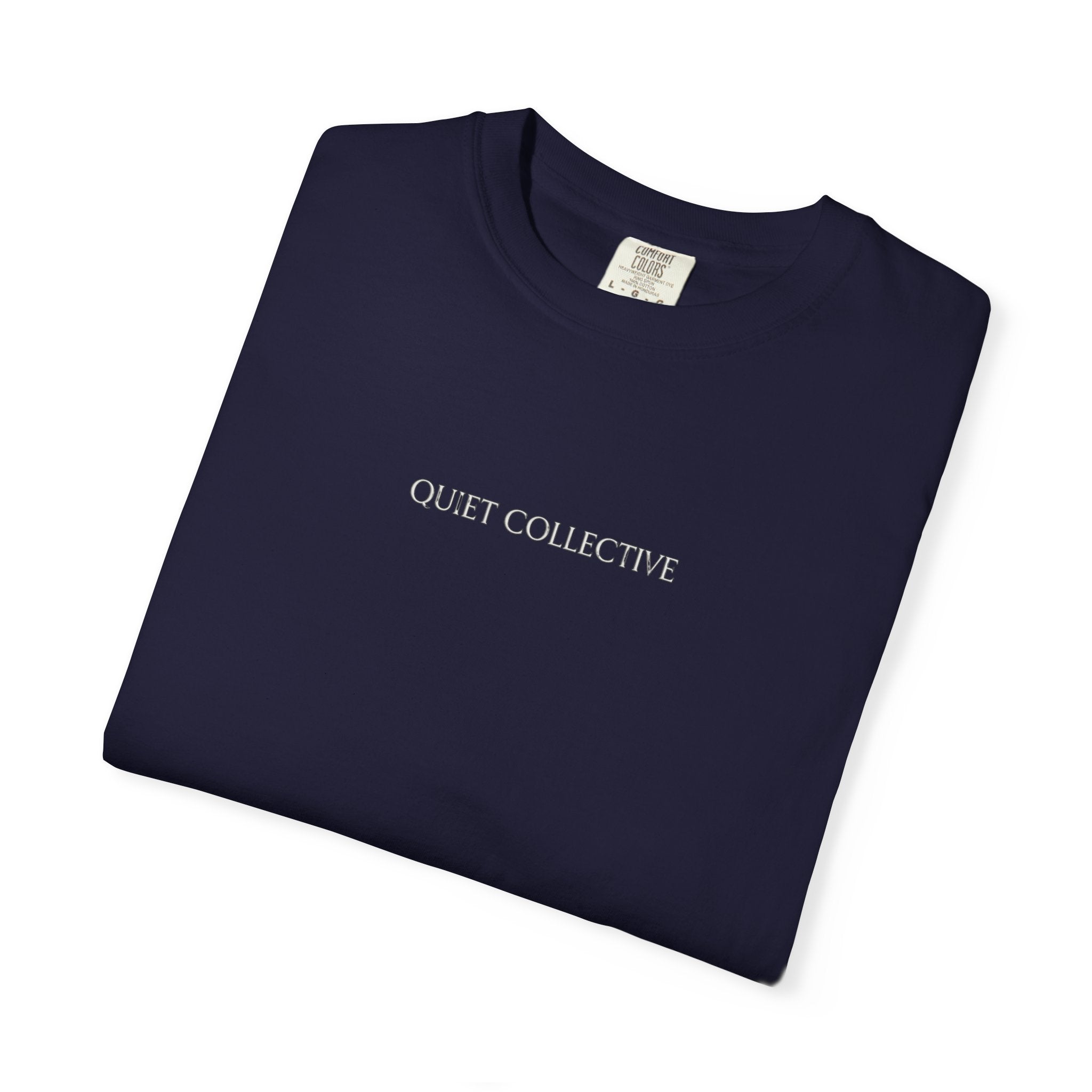 Quiet Collective minimalist logo T-Shirt | small chest text, white