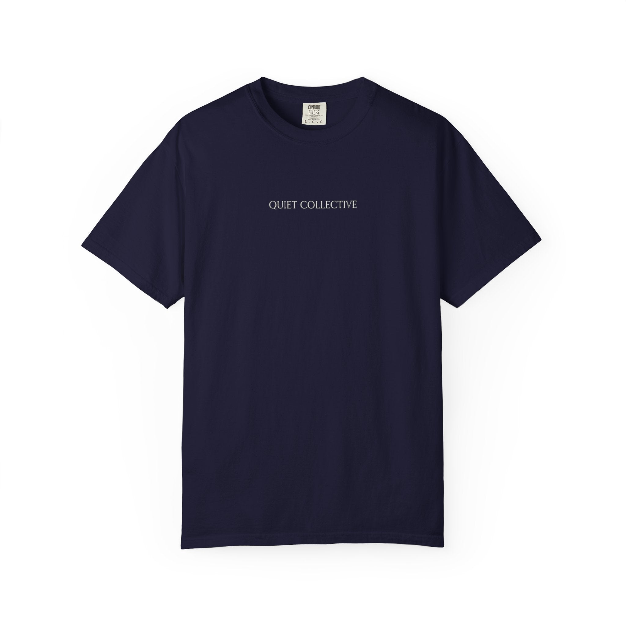 Quiet Collective minimalist logo T-Shirt | small chest text, white