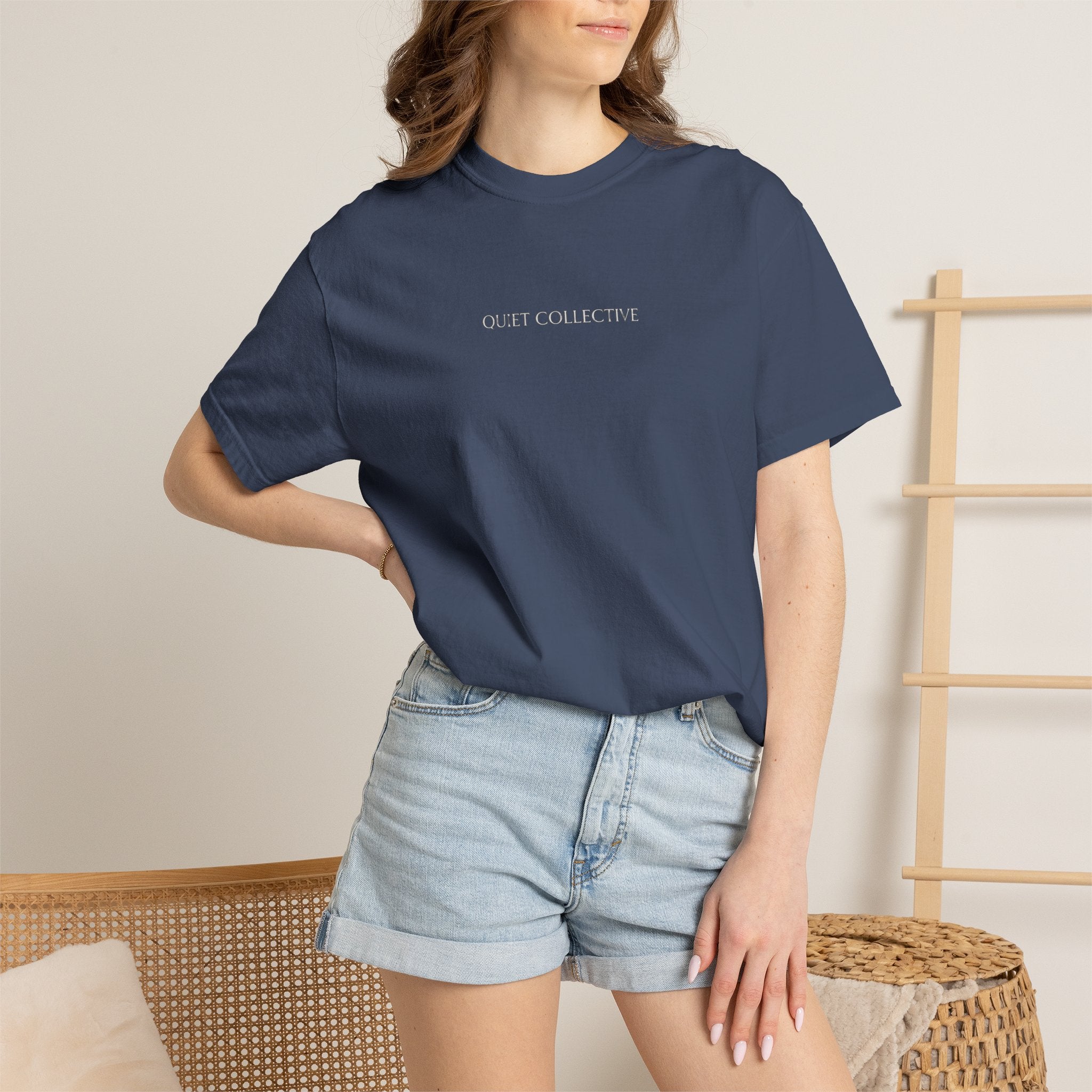 Quiet Collective minimalist logo T-Shirt | small chest text, white