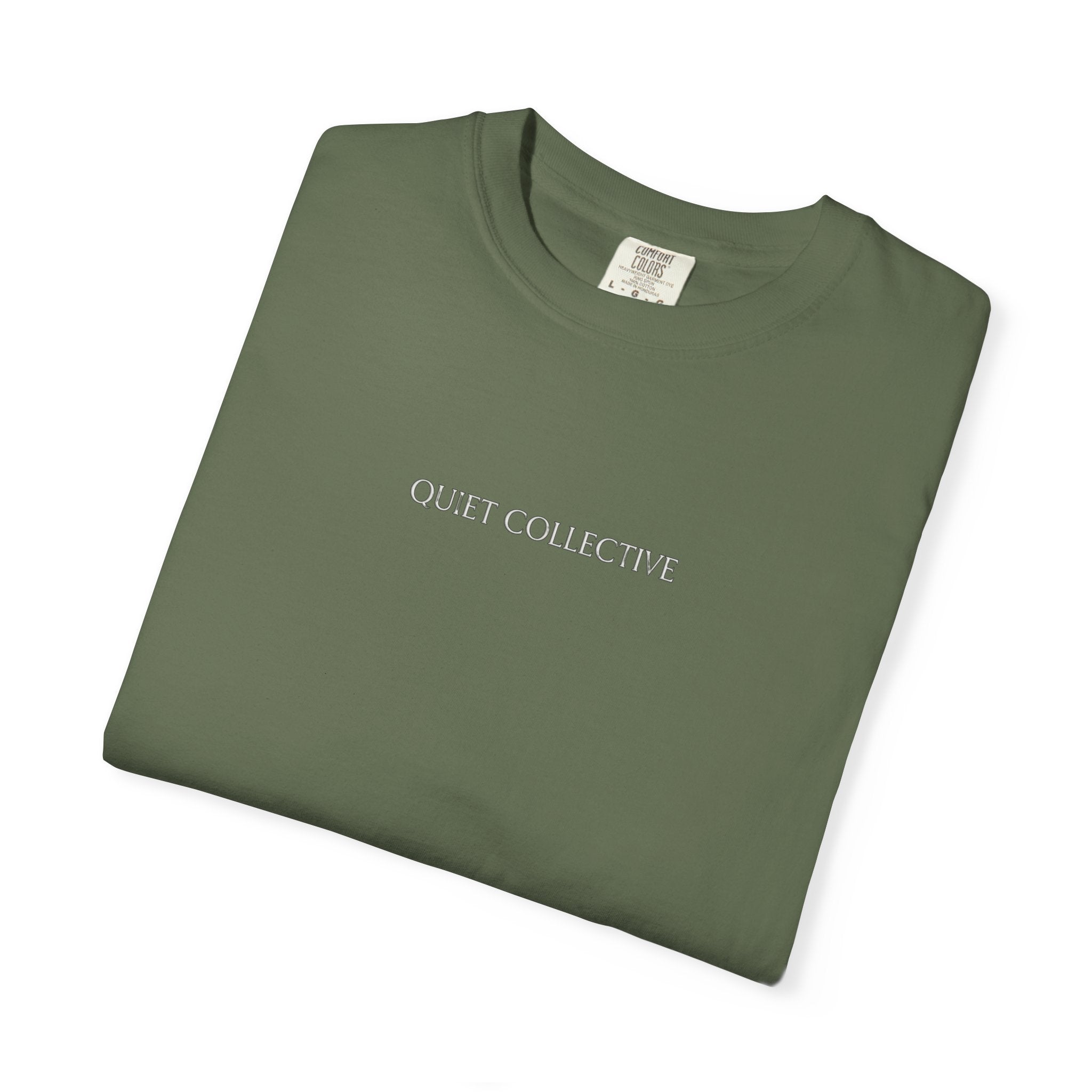 Quiet Collective minimalist logo T-Shirt | small chest text, white