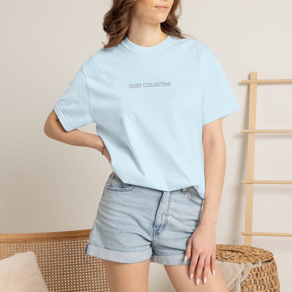 Quiet Collective minimalist logo T-Shirt | small chest text, white