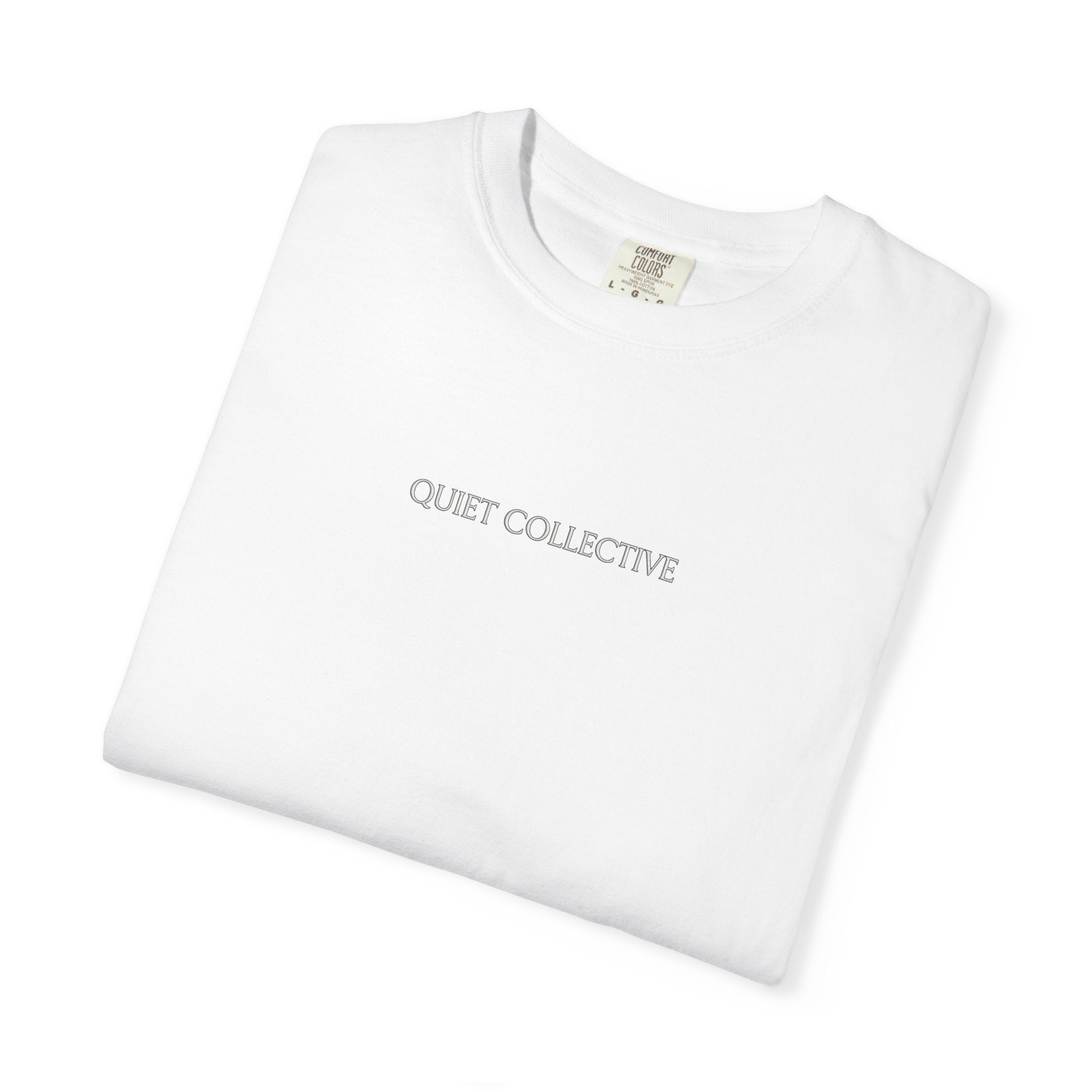 Quiet Collective minimalist logo T-Shirt | small chest text, white