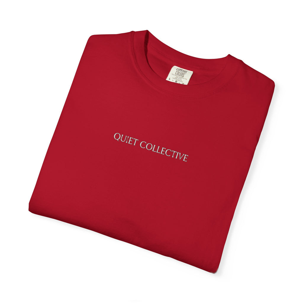 Quiet Collective minimalist logo T-Shirt | small chest text, white