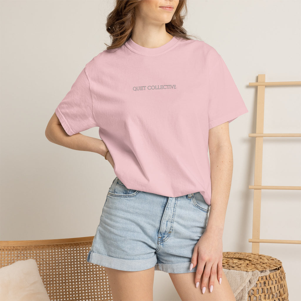 Quiet Collective minimalist logo T-Shirt | small chest text, white
