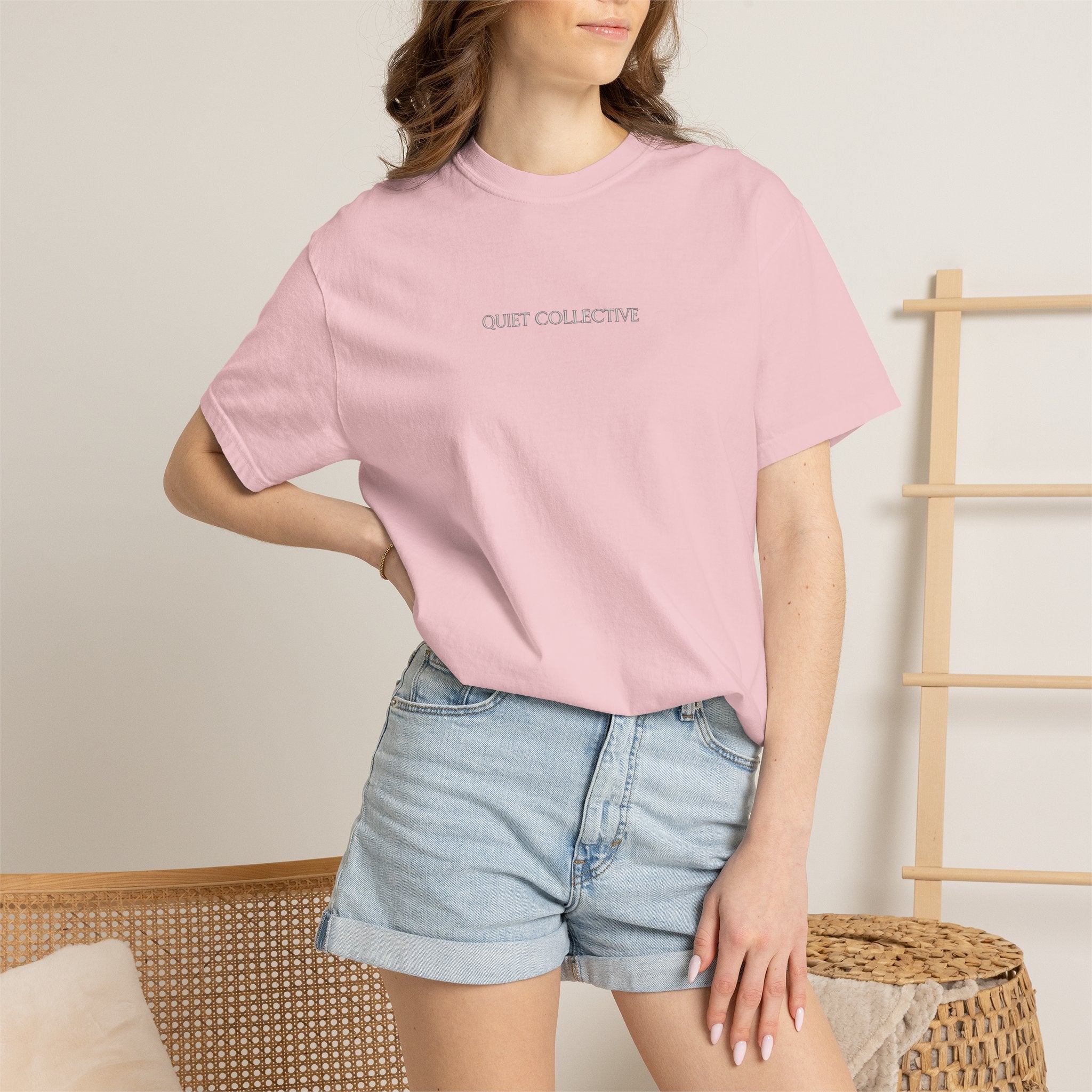 Quiet Collective minimalist logo T-Shirt | small chest text, white