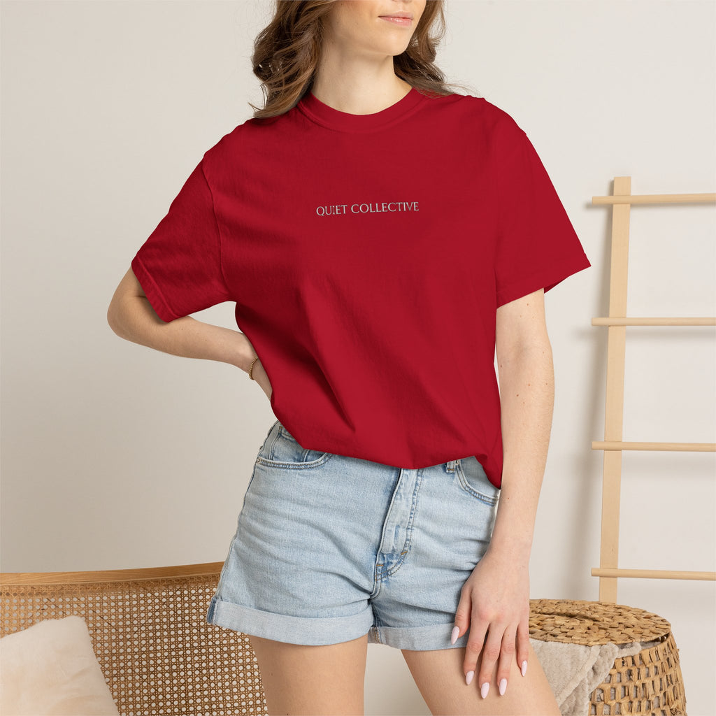 Quiet Collective minimalist logo T-Shirt | small chest text, white