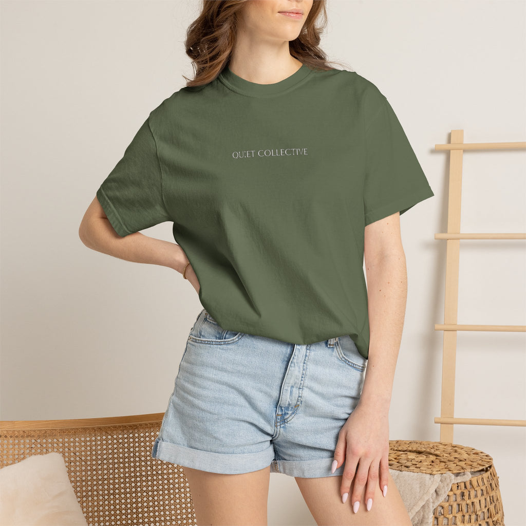 Quiet Collective minimalist logo T-Shirt | small chest text, white