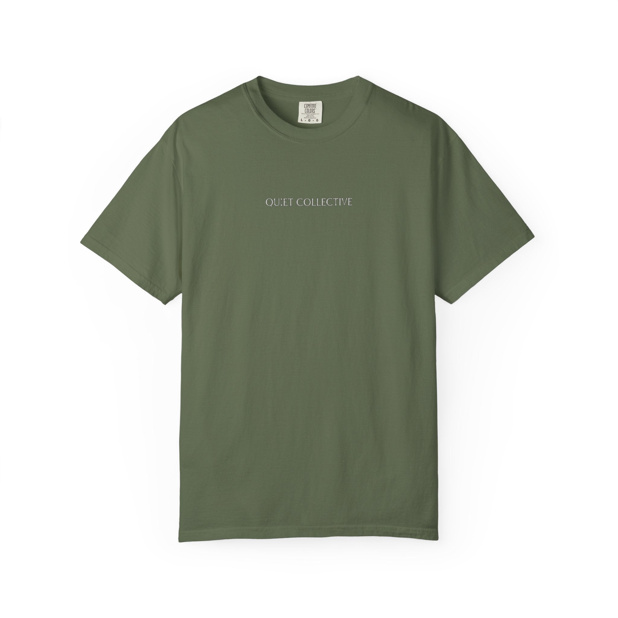 Quiet Collective minimalist logo T-Shirt | small chest text, white