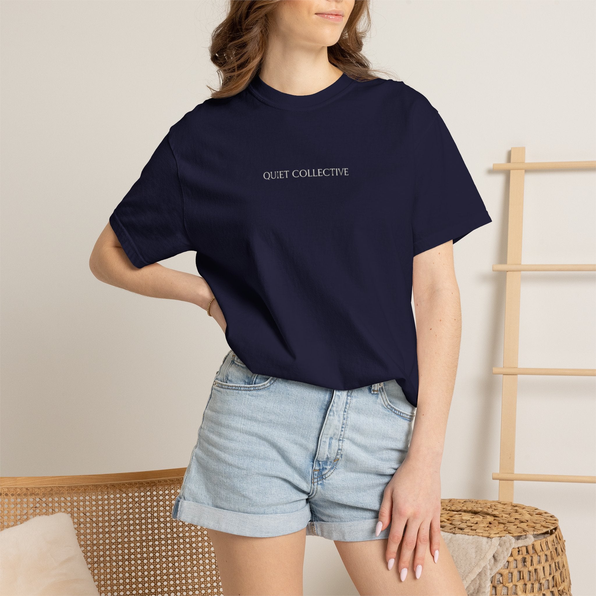 Quiet Collective minimalist logo T-Shirt | small chest text, white