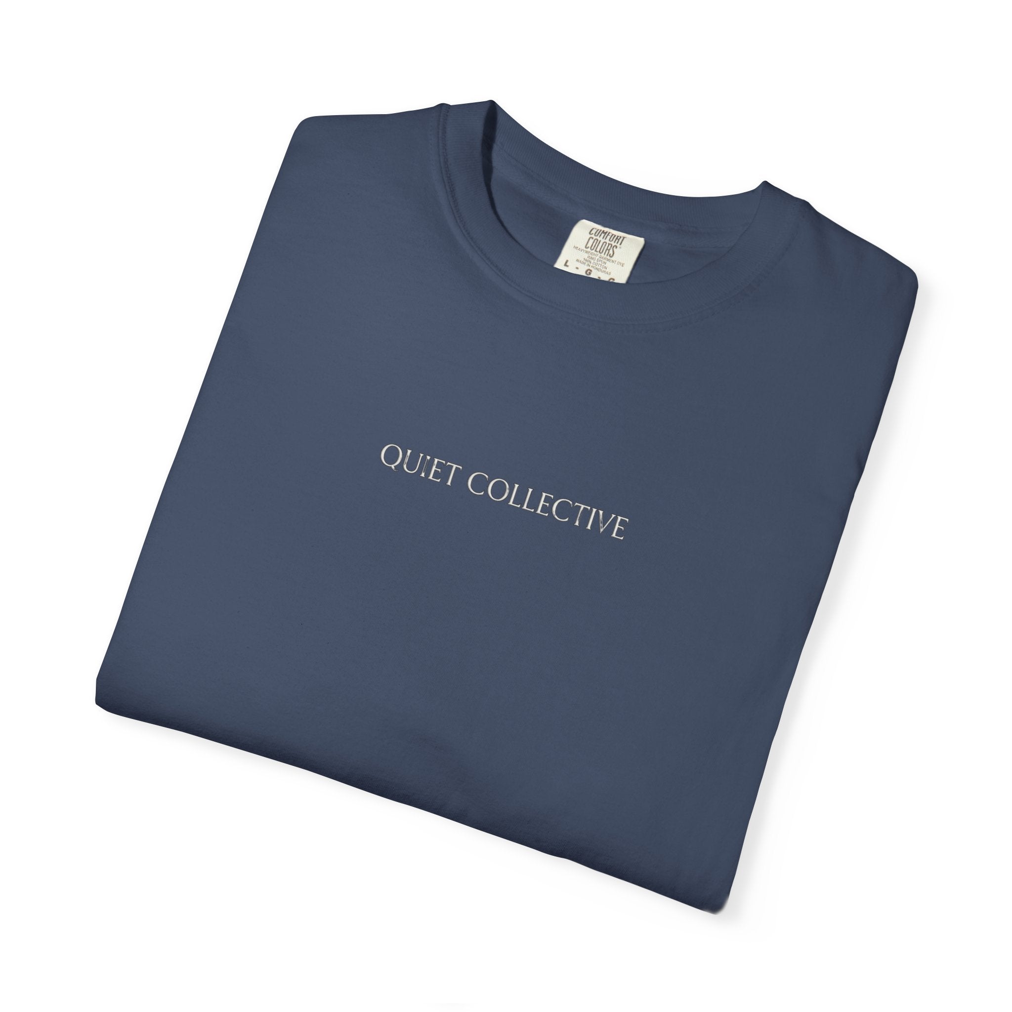 Quiet Collective minimalist logo T-Shirt | small chest text, white