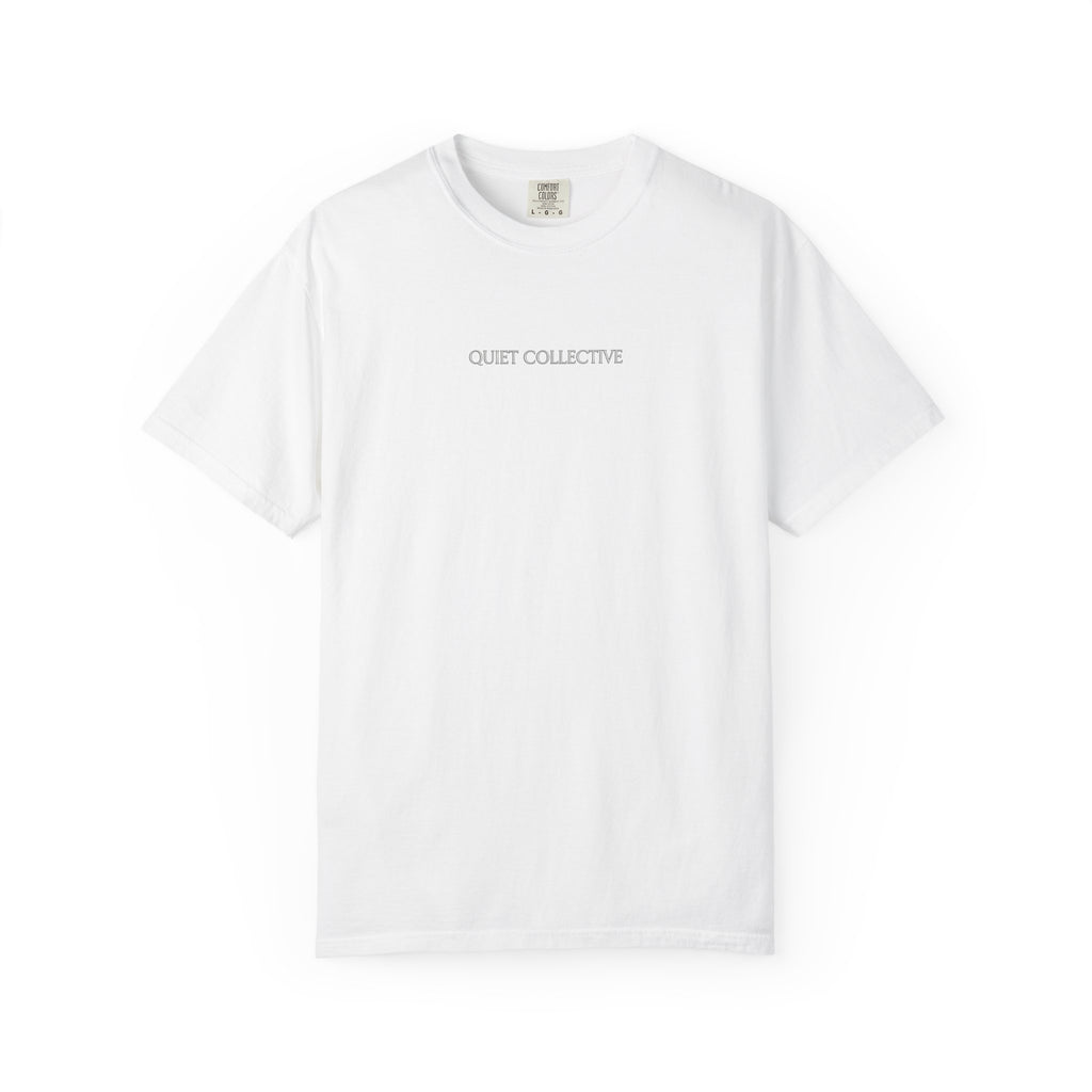 Quiet Collective minimalist logo T-Shirt | small chest text, white
