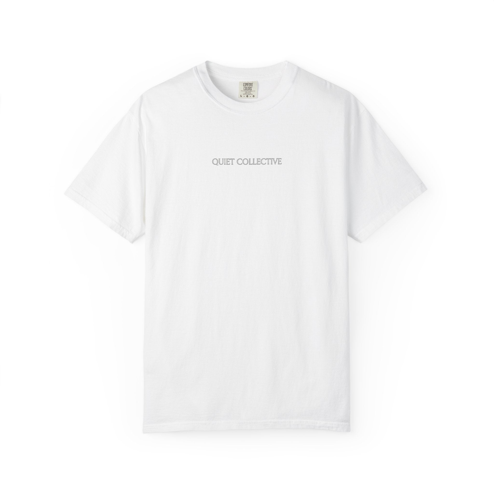 Quiet Collective minimalist logo T-Shirt | small chest text, white